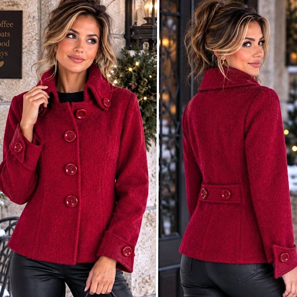 Classic 100% Wool Jacket Red S Fitted Short Minimalist Academia Coat Old Money